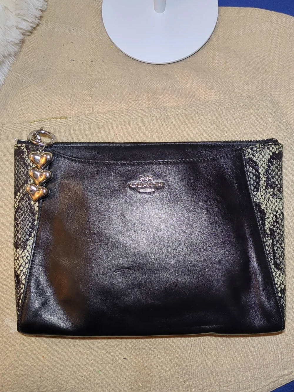 Coach Black Leather & Snake-Print Large Clutch In Pristine Condition ONLY$100
